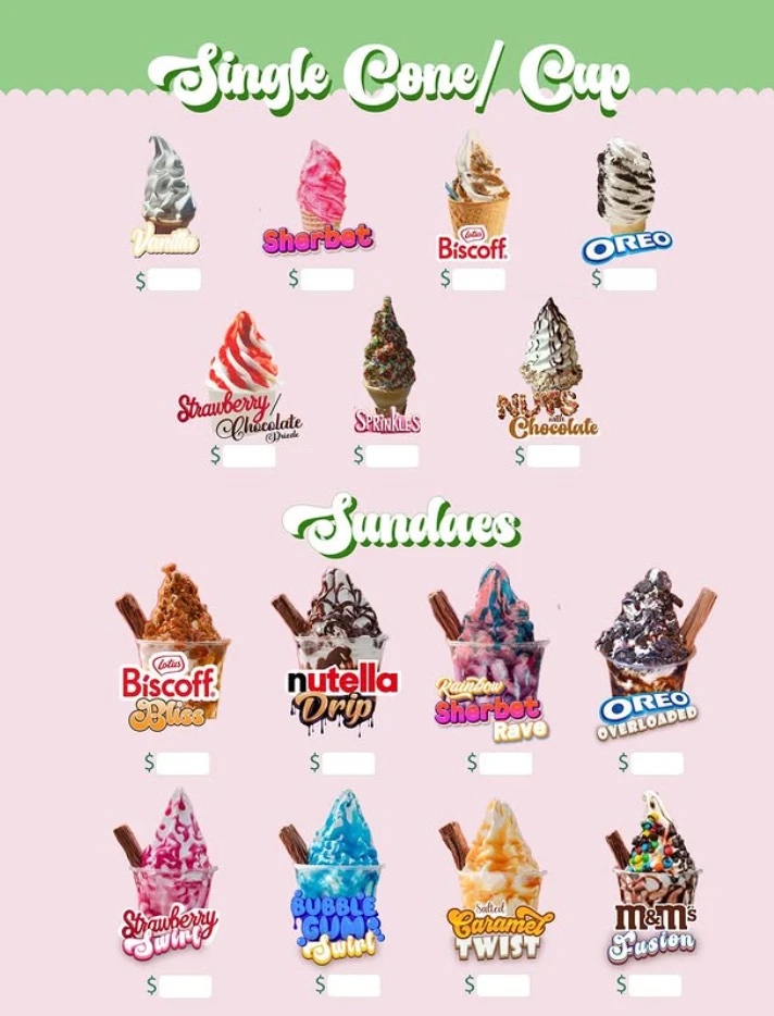 Sprinkl menu: single cones and cups — Vanilla, Sherbet, Biscoff, Oreo, Strawberry/Chocolate Drizzle, Sprinkles, Nuts with Chocolate. Sundaes — Biscoff Bliss, Nutella Drip, Rainbow Sherbet Rave, Oreo Overloaded, Strawberry Swirl, Bubblegum Swirl, Salted Caramel Twist, M&M's Fusion.